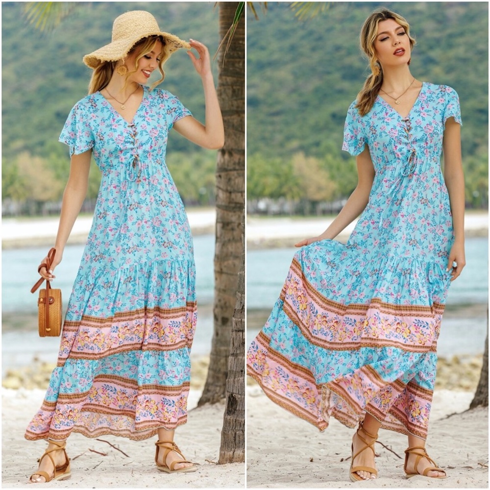 Floral print v neck lace up ruffle hem maxi dress - Picture 2 of 7